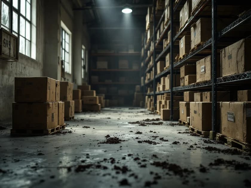Cutii cu urme de rosături și excremente de rozătoare pe podeaua unui depozit industrial.