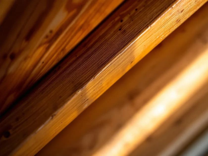 Detaliu cu grinzile de lemn natural și textura lor, iluminate de lumină naturală într-un interior.