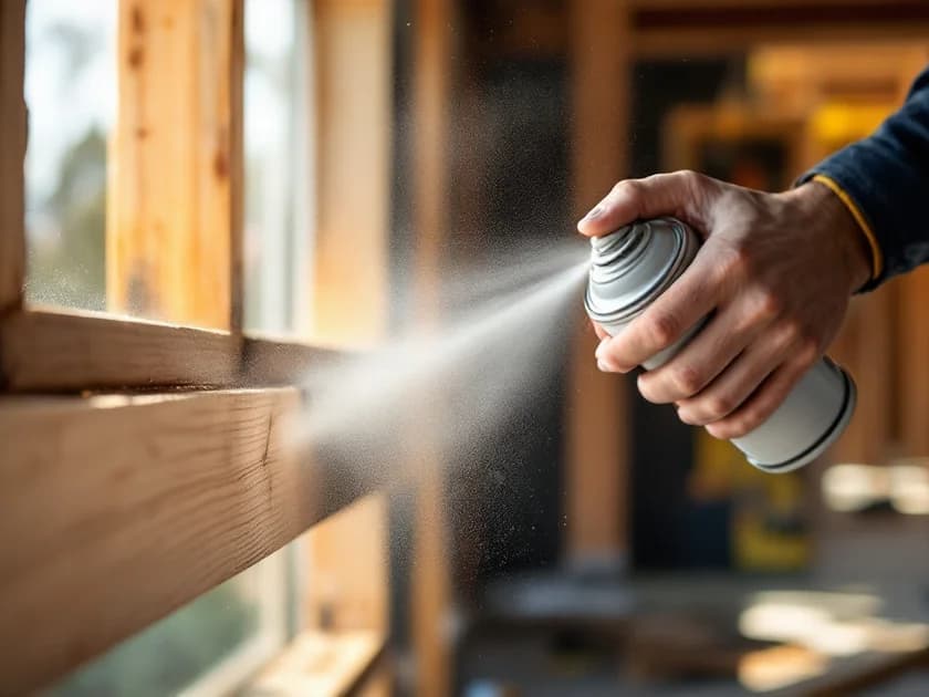 Aplicarea spray-ului ignifug pe o grindă de lemn în șantier, iluminată natural.
