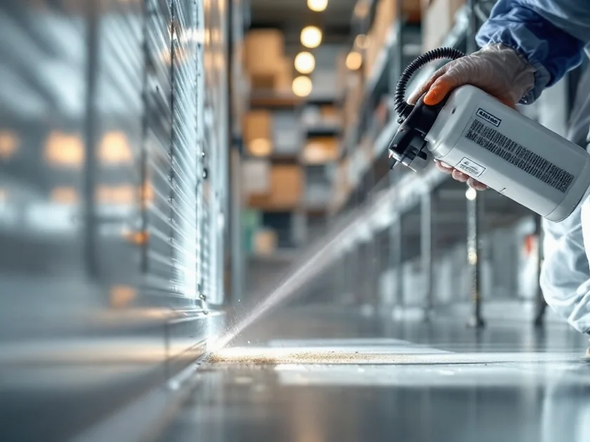 Tehnician în echipament de protecție aplicând insecticid dezinsecție în depozit comercial curat.